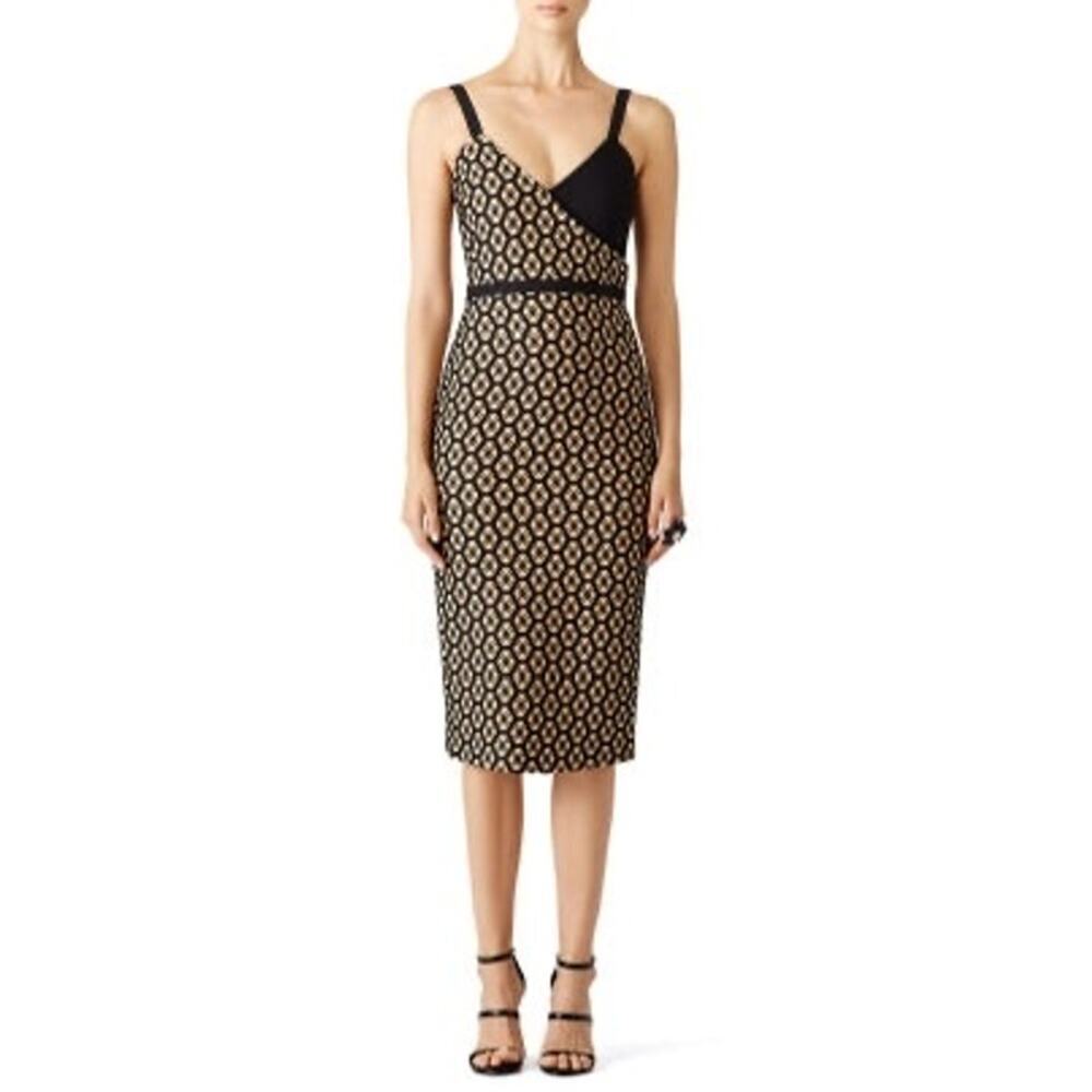 CINQ a SEPT Sera Printed Nude Black Lace Layover Sheath Midi Dress Size 2